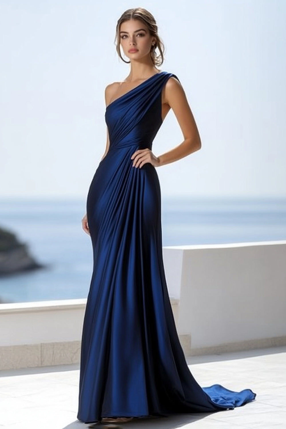 Einschulteriges Marineblaues Meerjungfrauen Abendkleid mit Rüschen