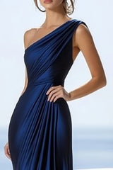 Einschulteriges Marineblaues Meerjungfrauen Abendkleid mit Rüschen