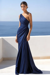 Einschulteriges Marineblaues Meerjungfrauen Ballkleid mit Rüschen