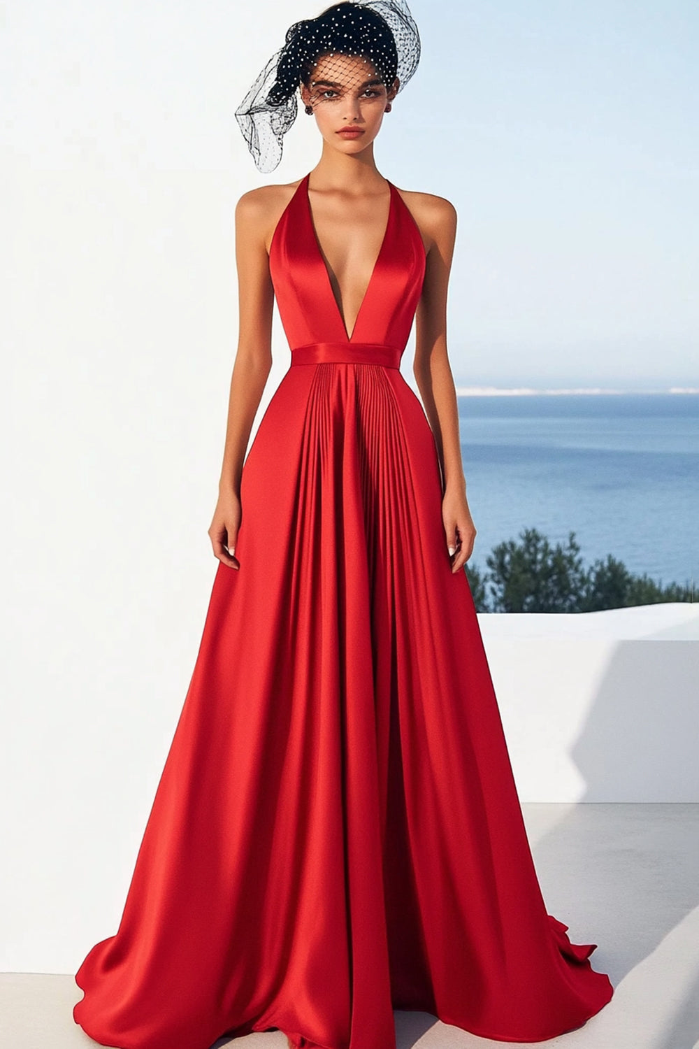 Neckholder Rotes Ballkleid aus Satin in A-Linie mit V-Ausschnitt