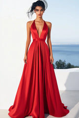 Neckholder Rotes Ballkleid aus Satin in A-Linie mit V-Ausschnitt