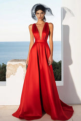 Rotes Satin Abendkleid mit V-Ausschnitt in A-Linie