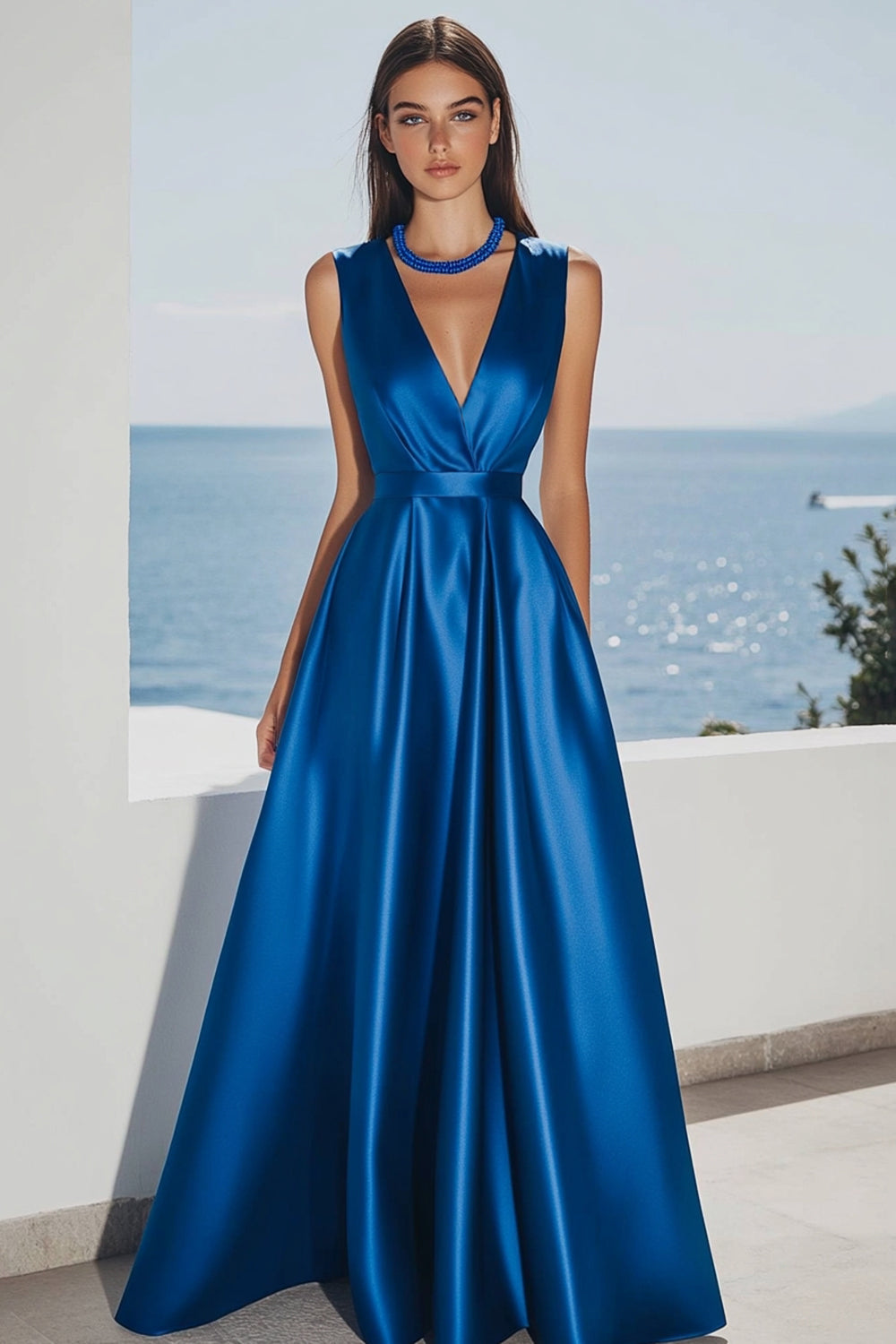 Königsblaues Satin Abendkleid mit V-Ausschnitt in A-Linie