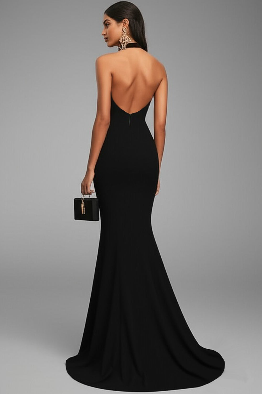 Meerjungfrau Schwarzes langes formelles Kleid aus Neckholder-Satin mit Schlitz