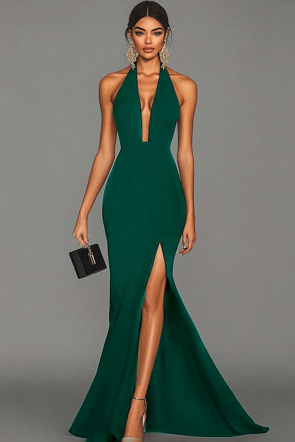 Meerjungfrau Schwarzes langes formelles Kleid aus Neckholder-Satin mit Schlitz