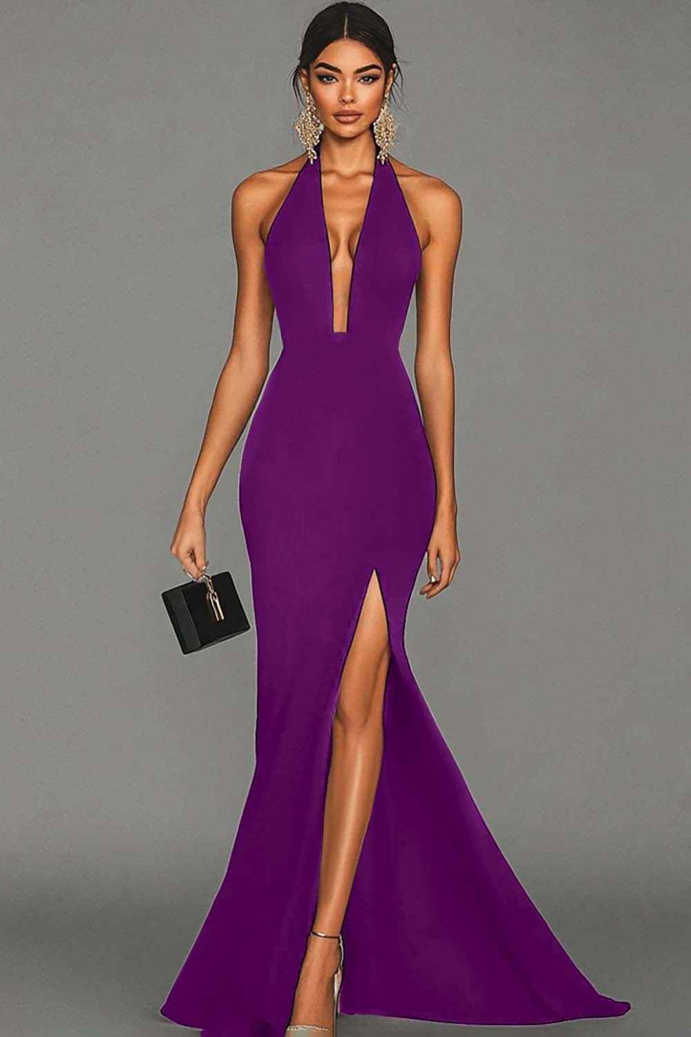 Meerjungfrau Schwarzes langes formelles Kleid aus Neckholder-Satin mit Schlitz