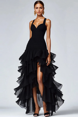 Schwarzes Hoch Niedrig Organza Abendkleid mit Rüschen