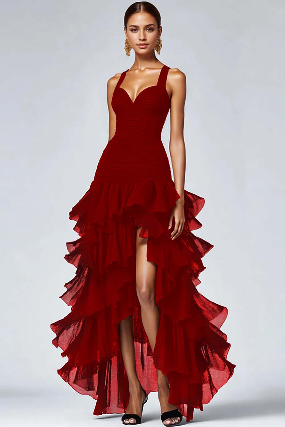 Schwarzes Hoch Niedrig Organza Abendkleid mit Rüschen