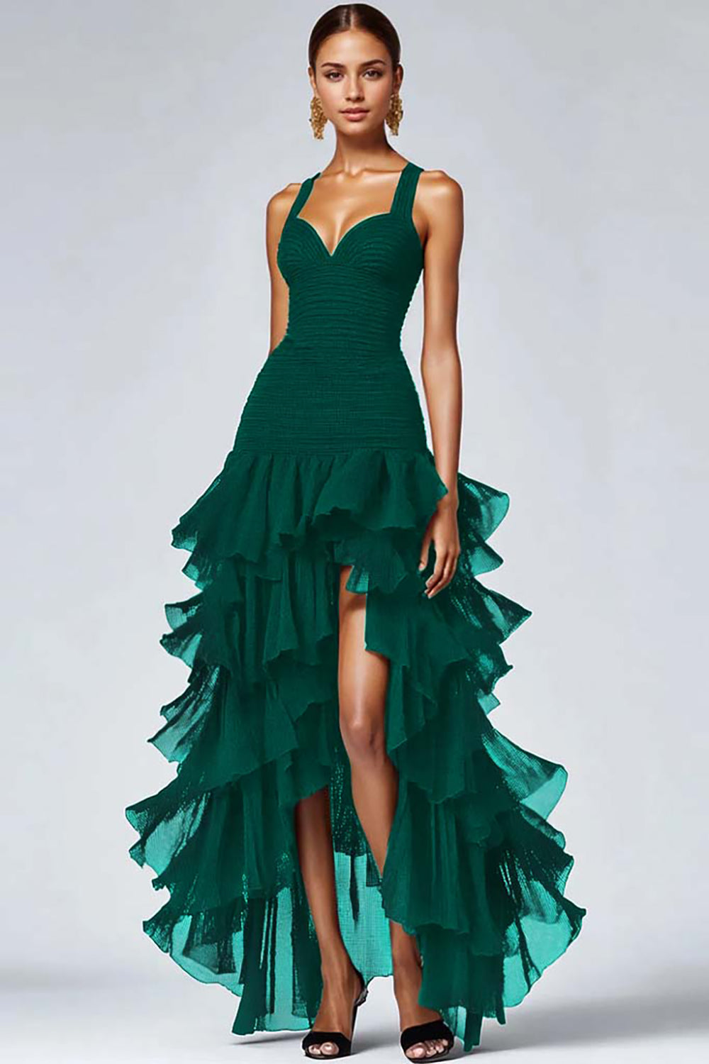 Schwarzes Hoch Niedrig Organza Abendkleid mit Rüschen