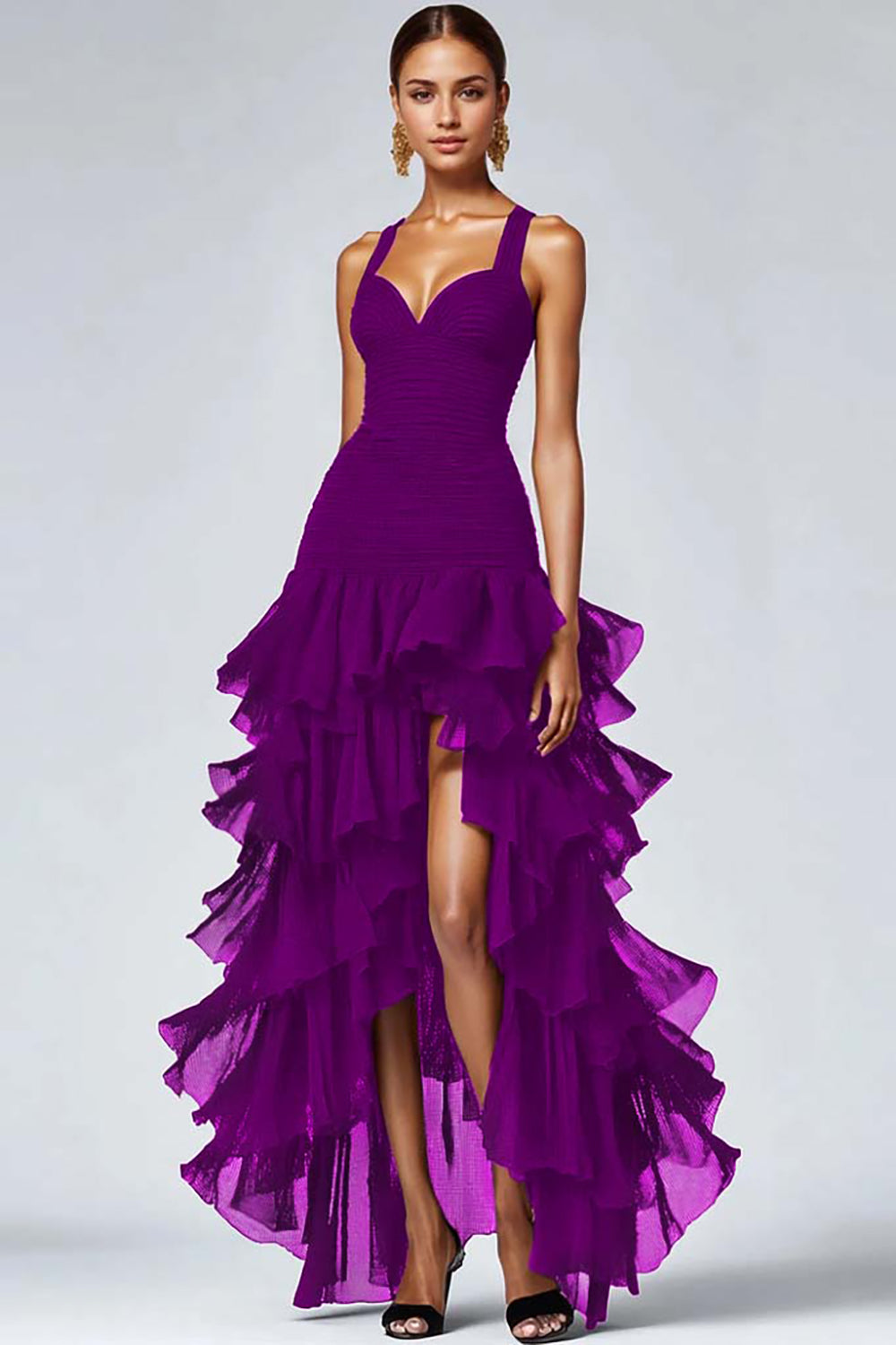 Schwarzes Hoch Niedrig Organza Abendkleid mit Rüschen