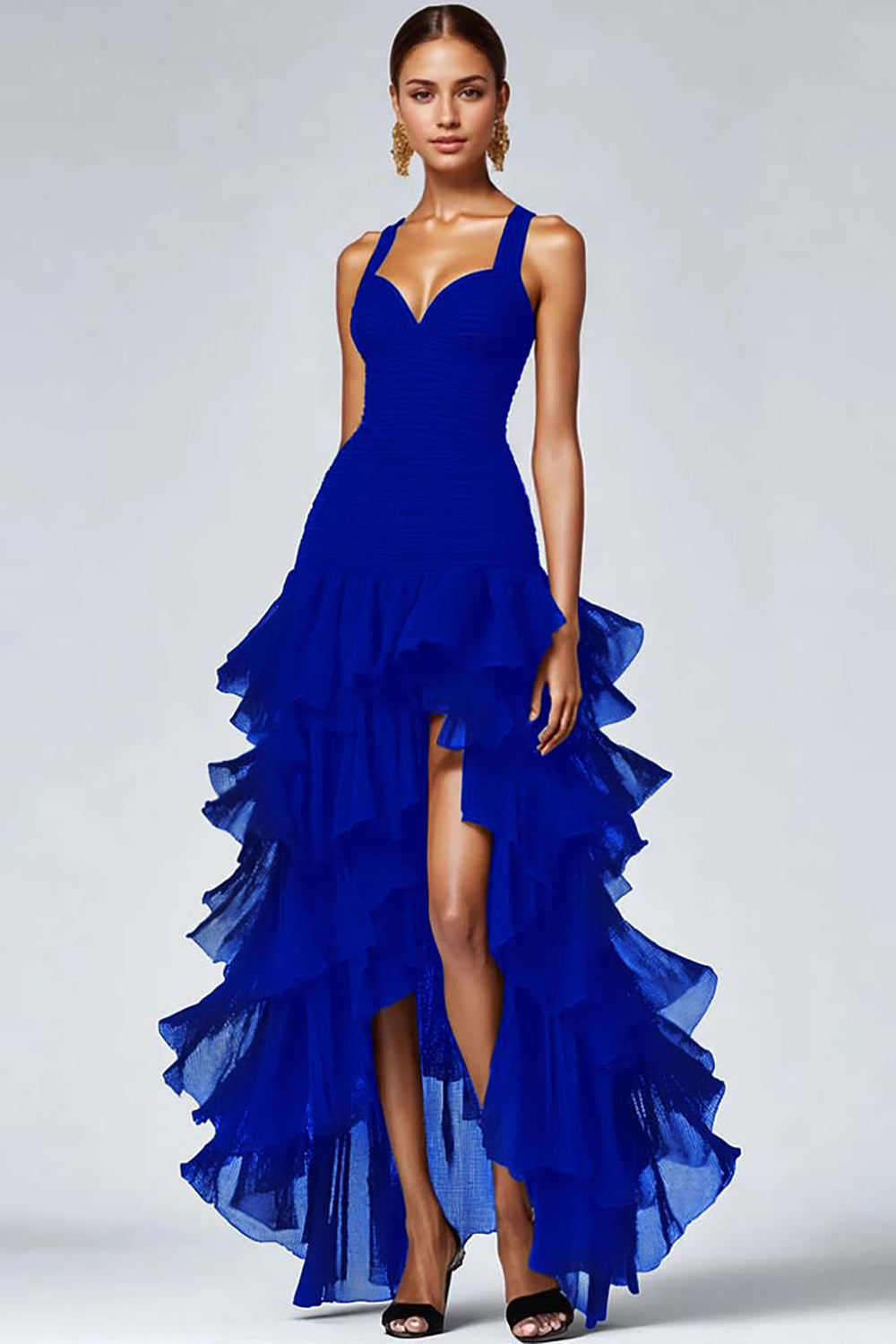 Schwarzes Hoch Niedrig Organza Abendkleid mit Rüschen