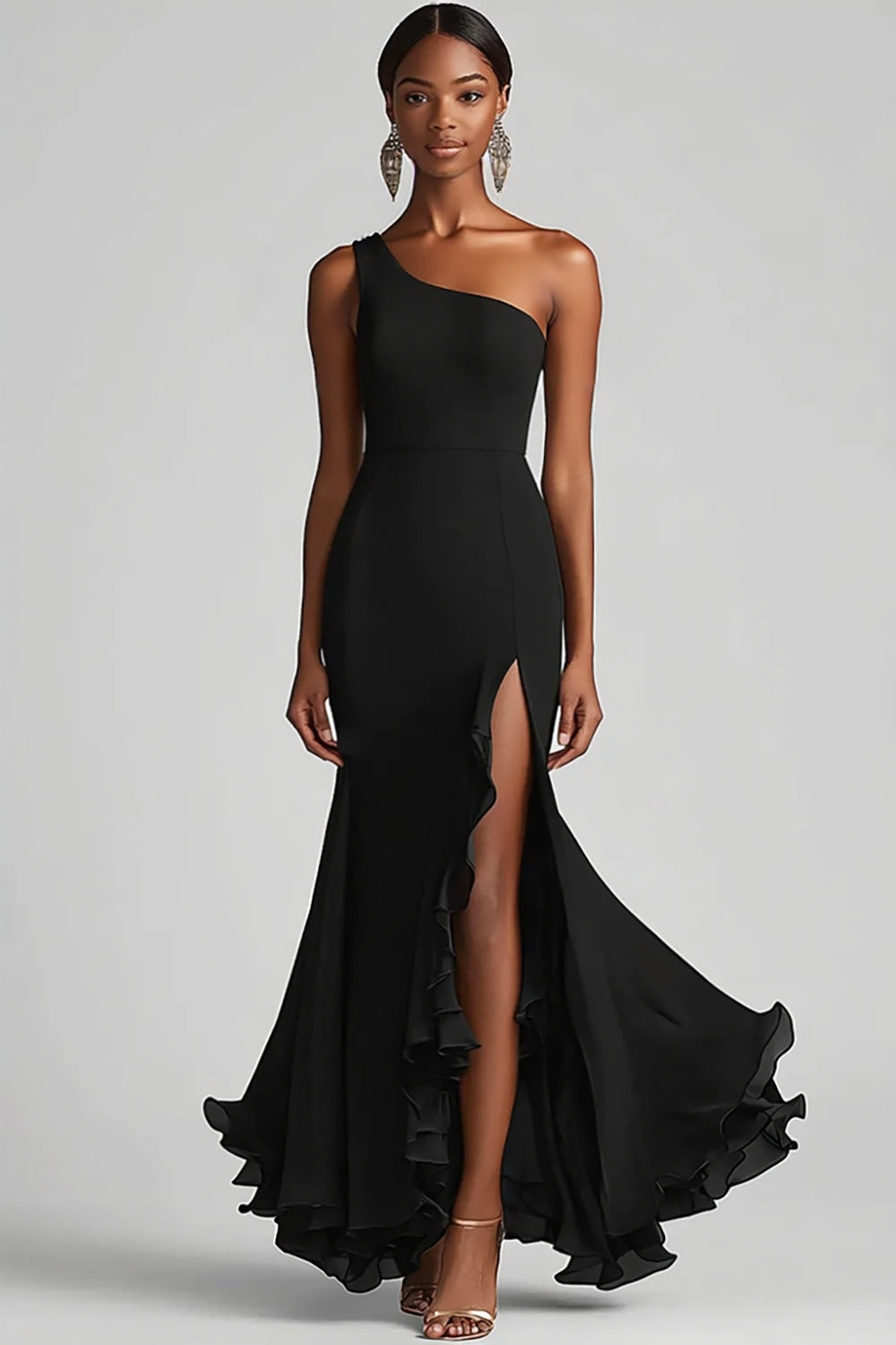 Schwarzes Chiffon One Shoulder Meerjungfrau Formelles Kleid mit Schlitz