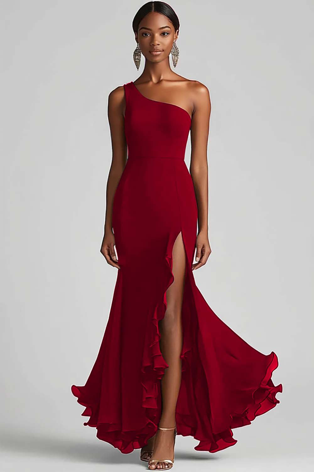 Schwarzes Chiffon One Shoulder Meerjungfrau Formelles Kleid mit Schlitz