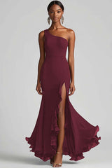 Schwarzes Chiffon One Shoulder Meerjungfrau Formelles Kleid mit Schlitz
