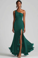 Schwarzes Chiffon One Shoulder Meerjungfrau Formelles Kleid mit Schlitz