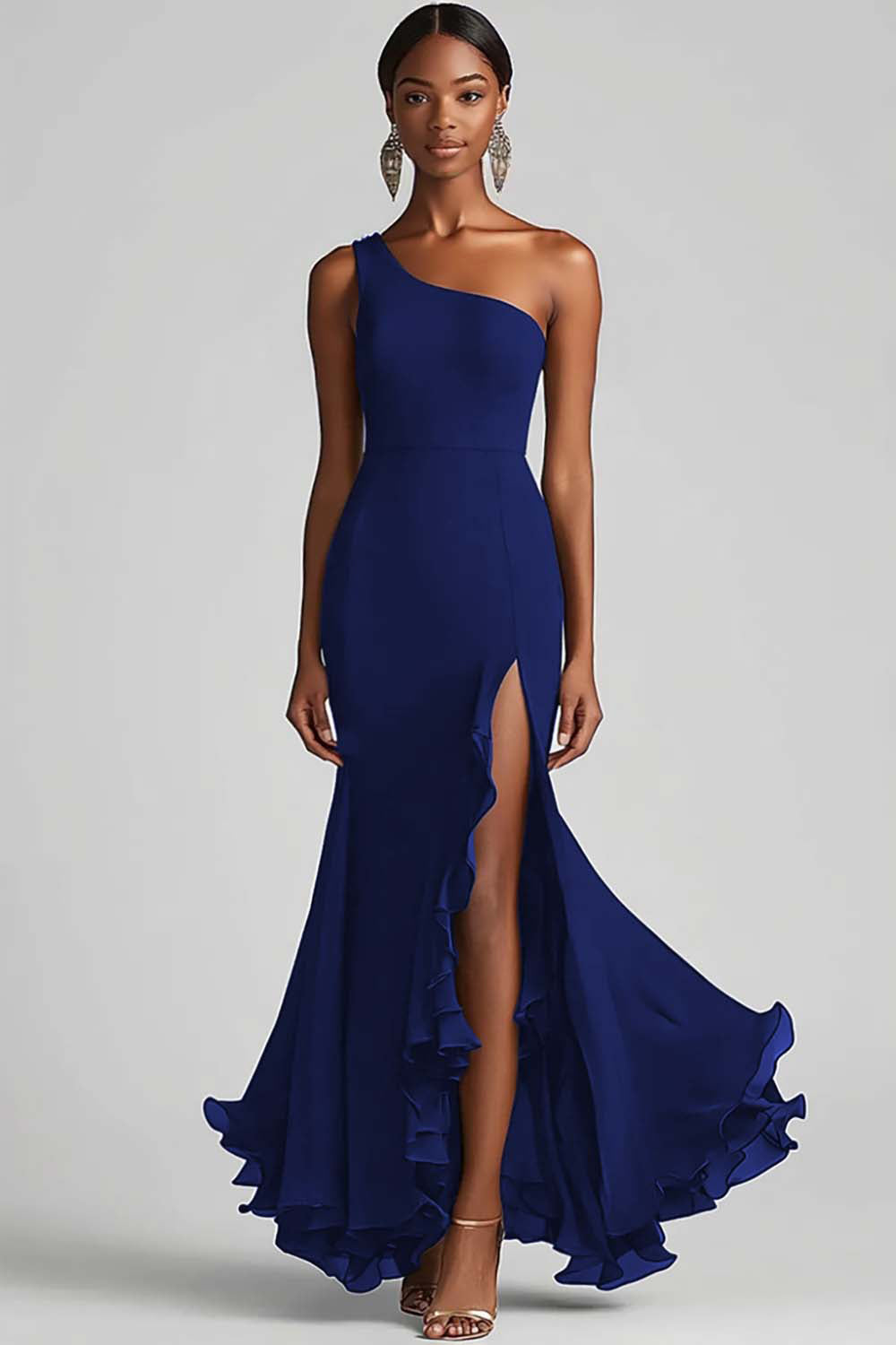 Schwarzes Chiffon One Shoulder Meerjungfrau Formelles Kleid mit Schlitz