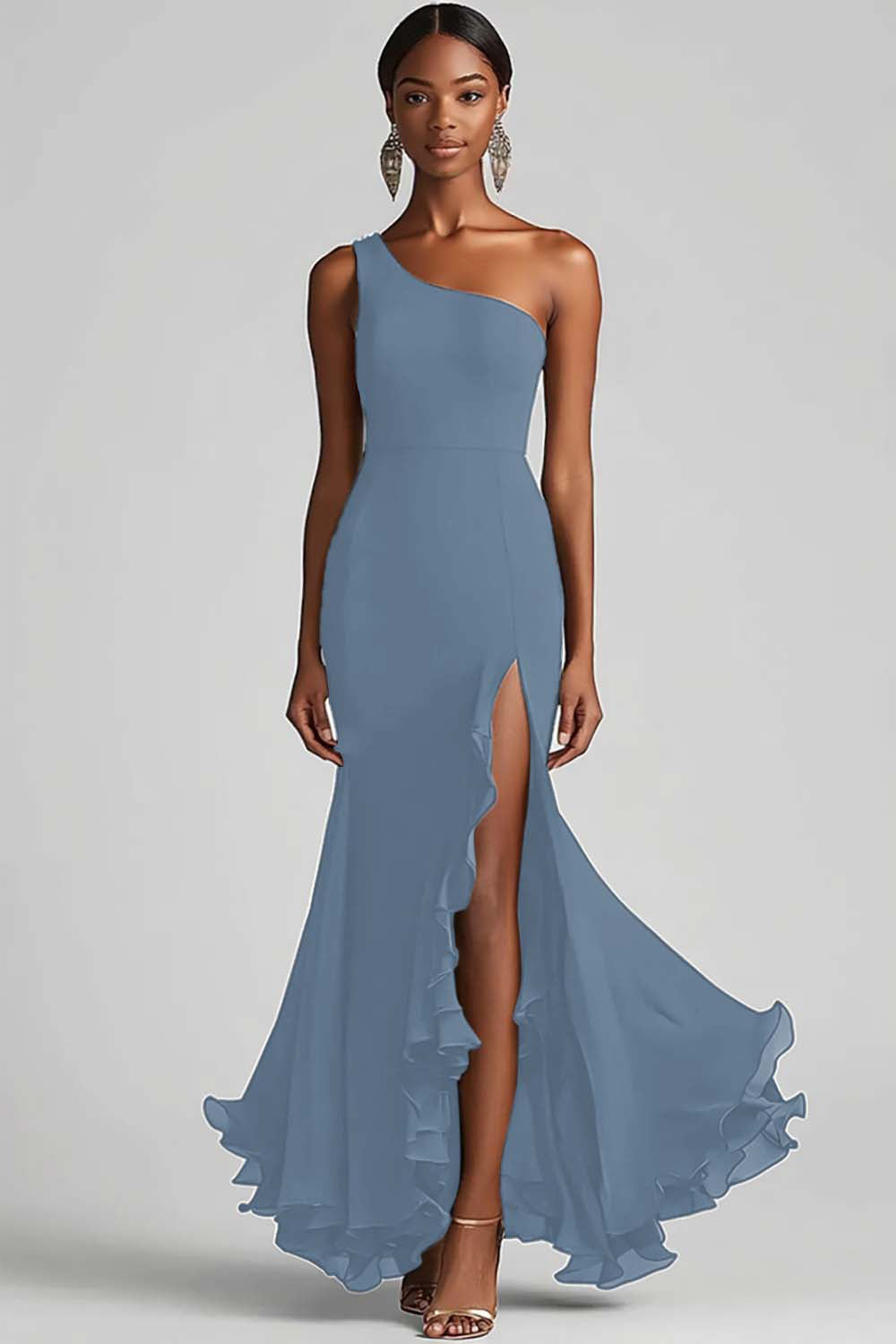 Schwarzes Chiffon One Shoulder Meerjungfrau Formelles Kleid mit Schlitz