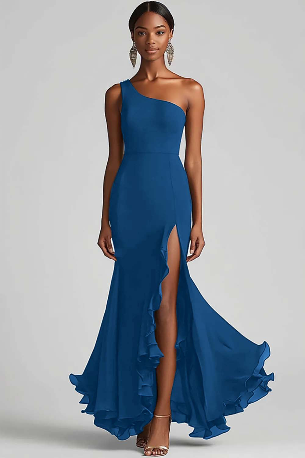 Schwarzes Chiffon One Shoulder Meerjungfrau Formelles Kleid mit Schlitz