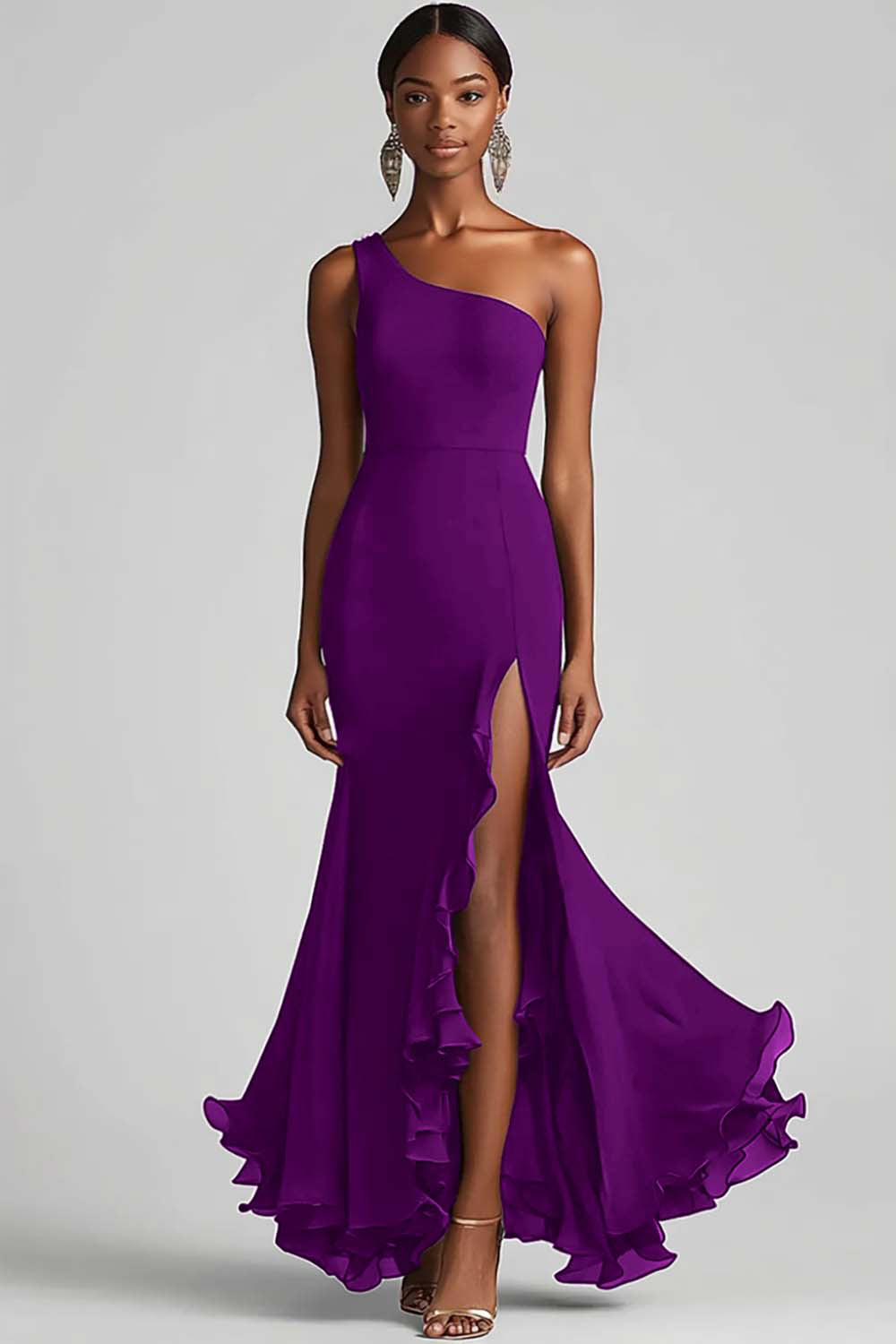 Schwarzes Chiffon One Shoulder Meerjungfrau Formelles Kleid mit Schlitz