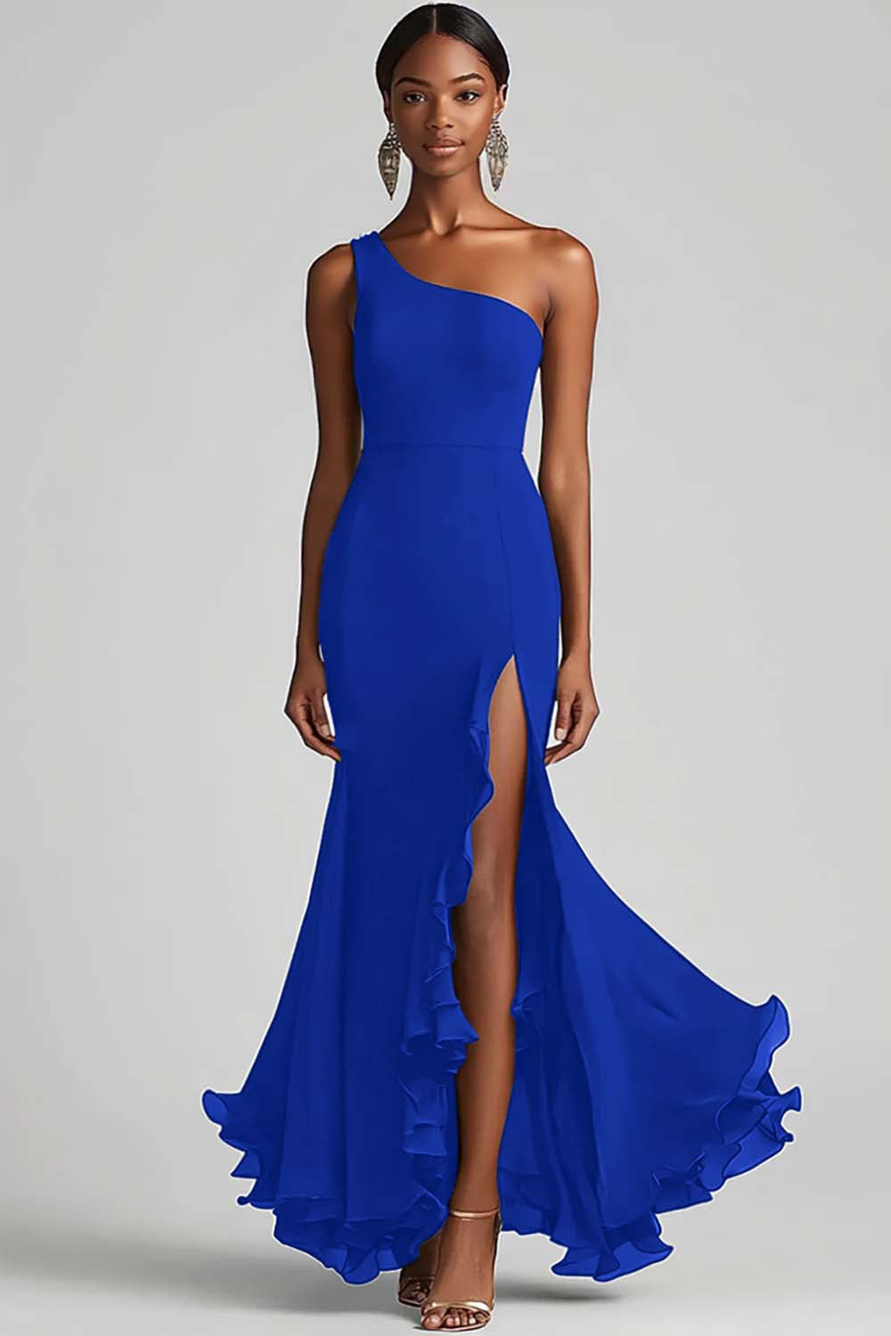 Schwarzes Chiffon One Shoulder Meerjungfrau Formelles Kleid mit Schlitz