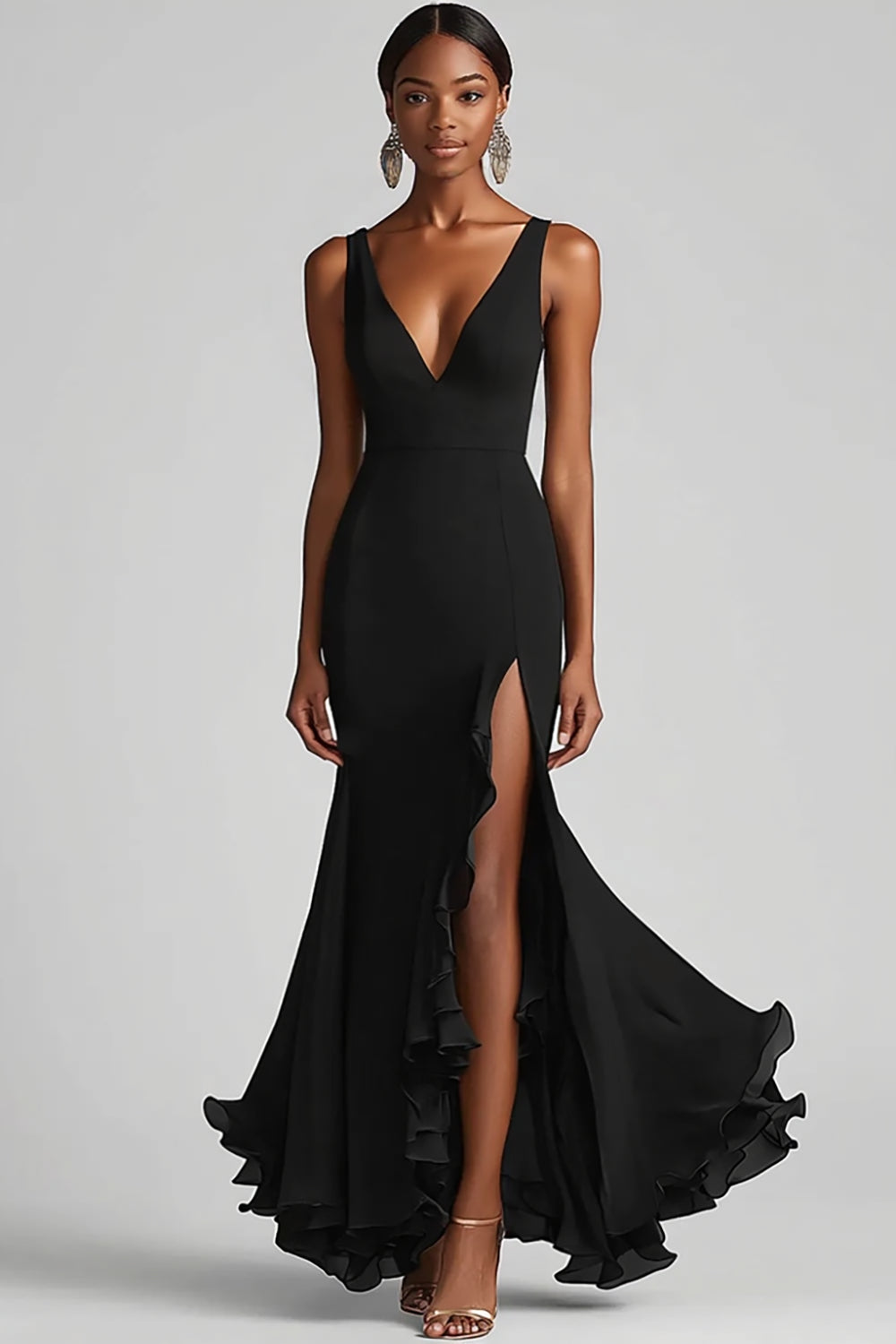 Schwarzes Meerjungfrauenkleid mit V-Ausschnitt und Rüschen und Schlitz