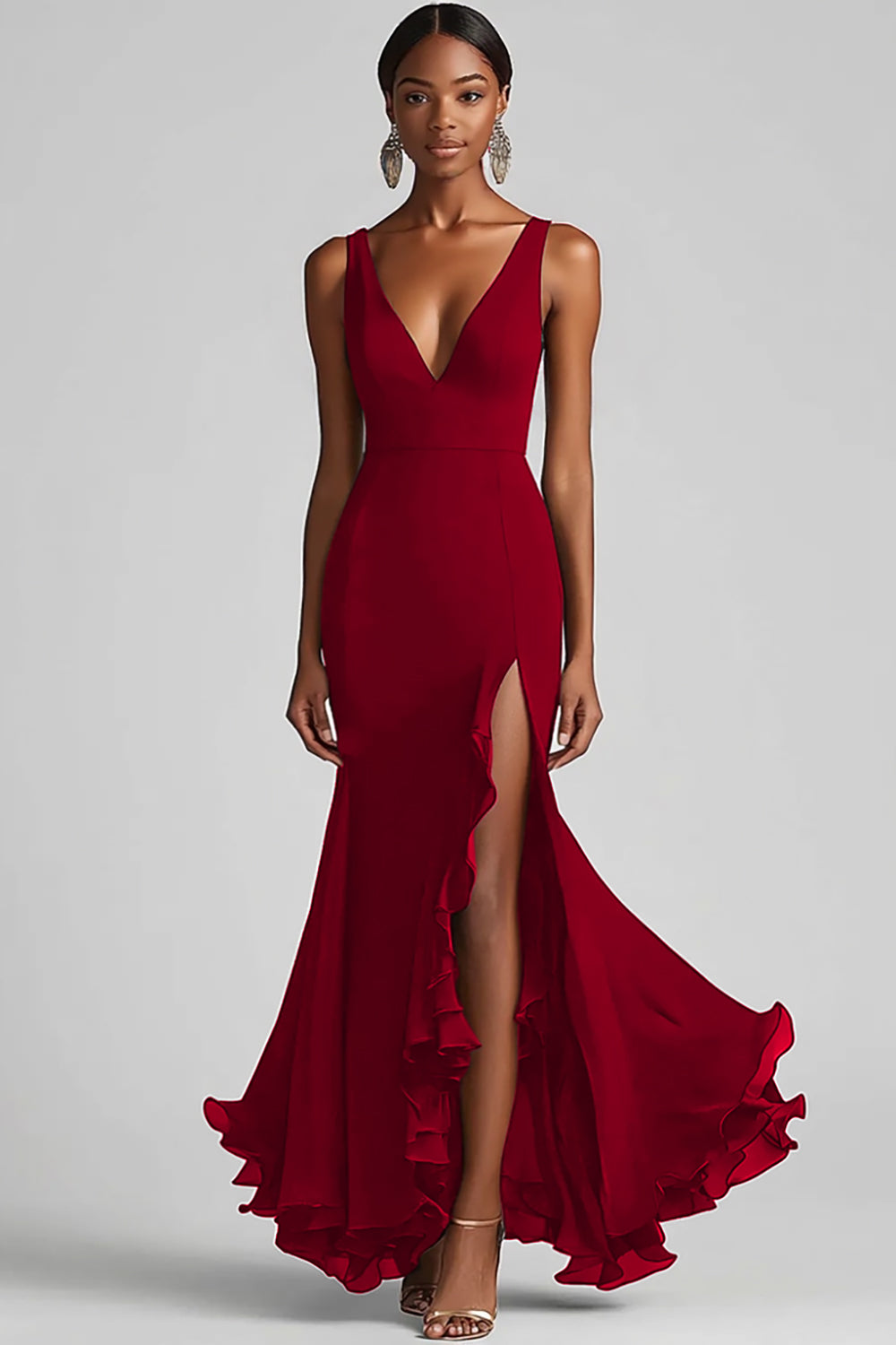 Schwarzes Meerjungfrauenkleid mit V-Ausschnitt und Rüschen und Schlitz