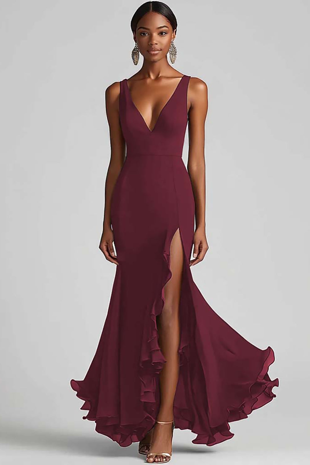 Schwarzes Meerjungfrauenkleid mit V-Ausschnitt und Rüschen und Schlitz