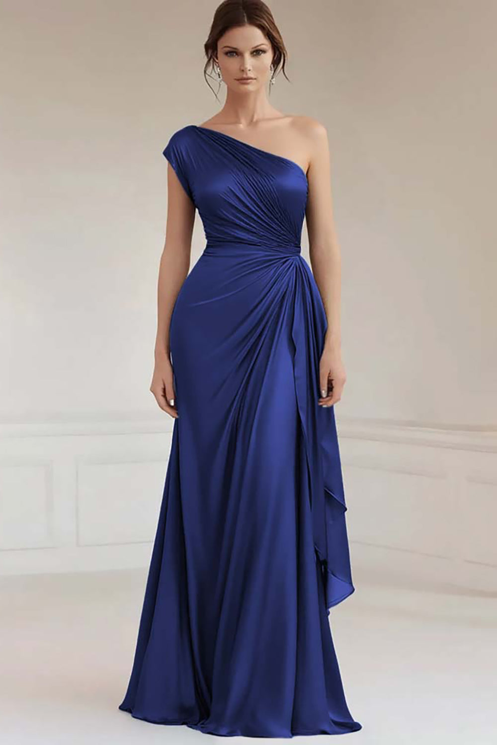 Einschulteriges graublaues formelles Kleid mit Rüschen