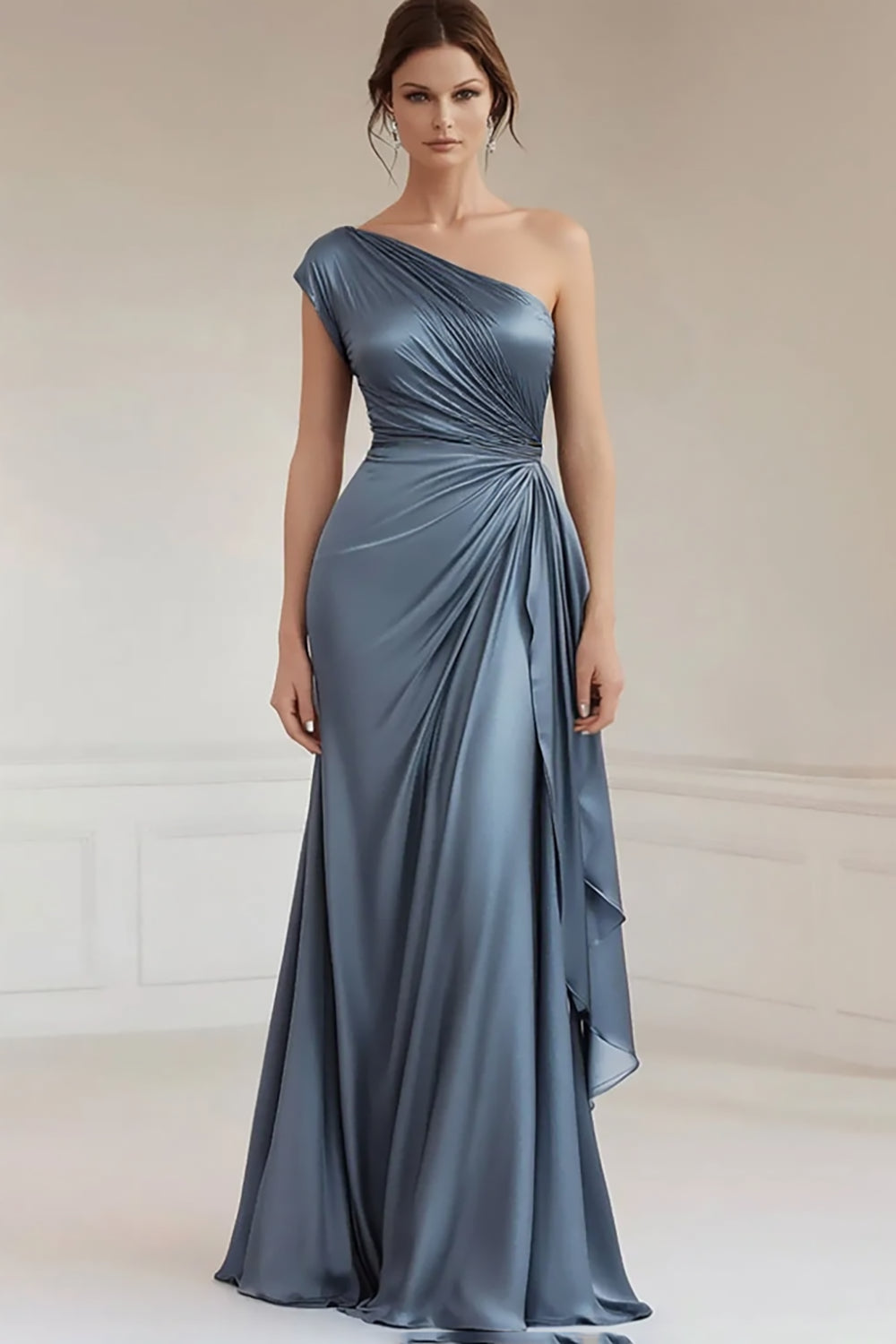 Einschulteriges graublaues formelles Kleid mit Rüschen
