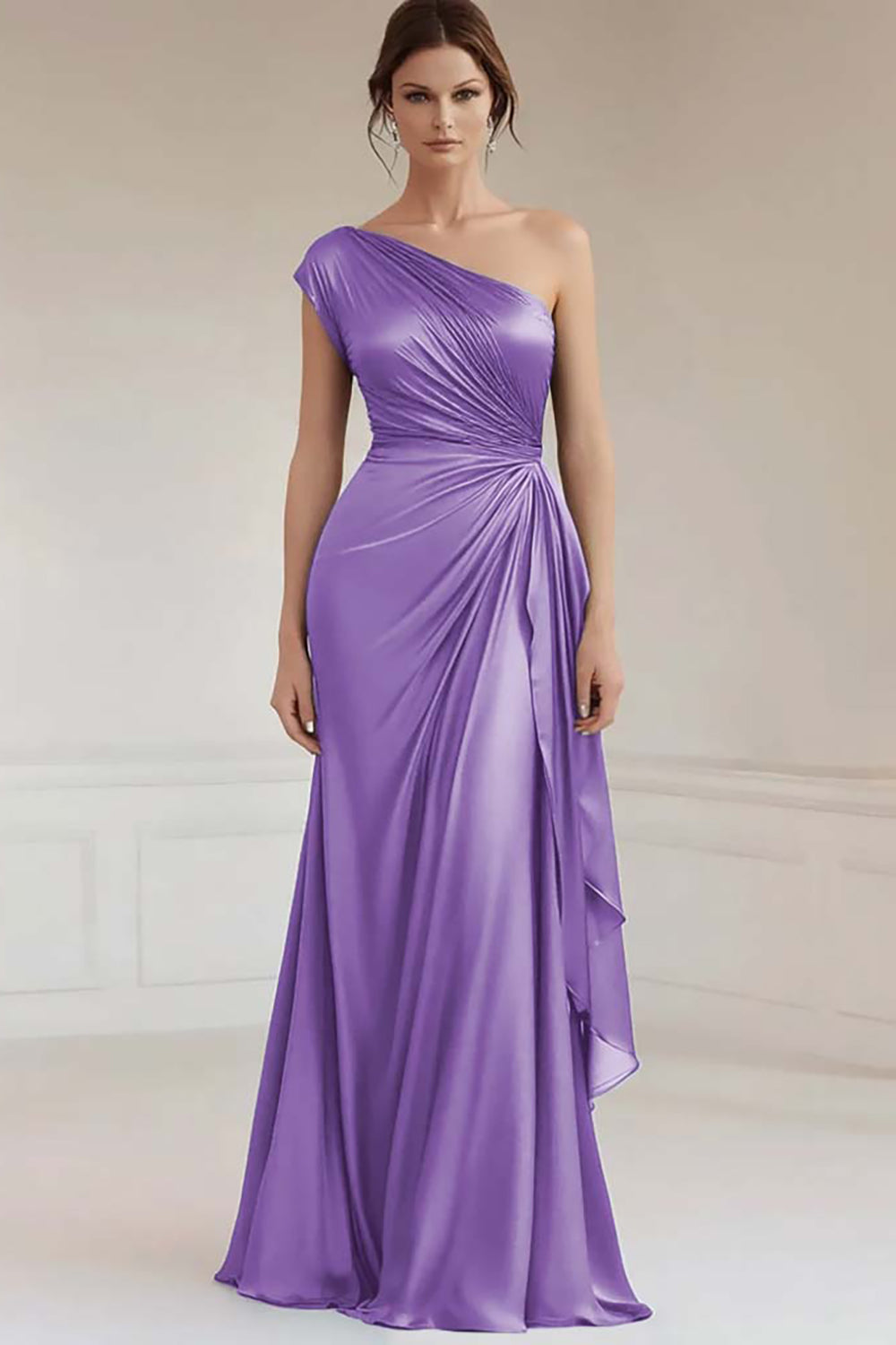 Einschulteriges graublaues formelles Kleid mit Rüschen