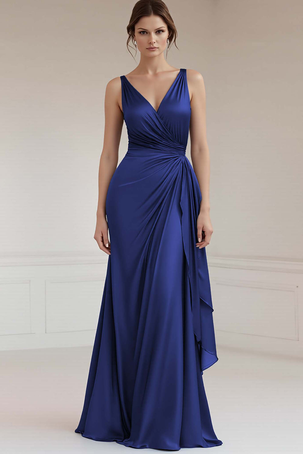 Grau Blau A-Linie Langes Ballkleid mit V-Ausschnitt