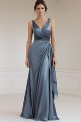 Grau Blau A-Linie Langes Ballkleid mit V-Ausschnitt
