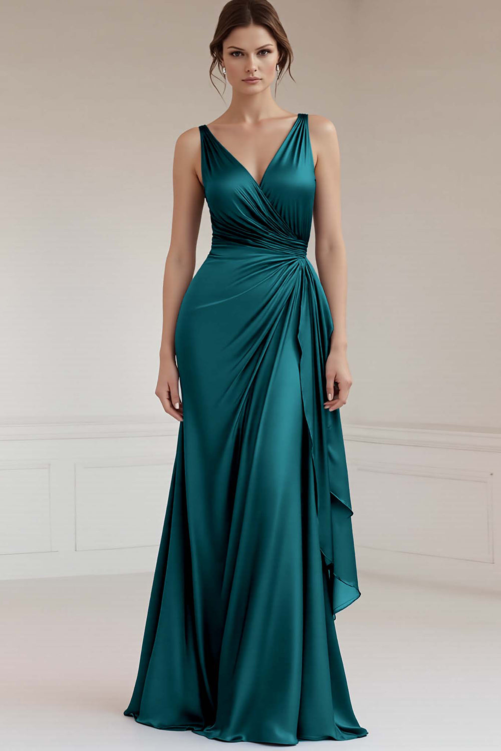 Grau Blau A-Linie Langes Ballkleid mit V-Ausschnitt
