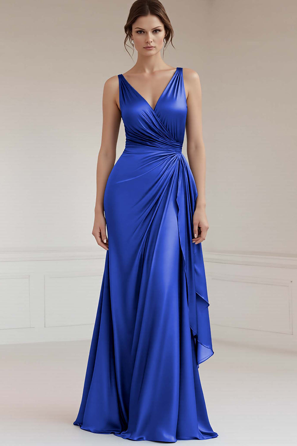 Grau Blau A-Linie Langes Ballkleid mit V-Ausschnitt