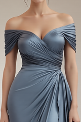 Schulterfreies A Linie Langes Grau-blaues Abendkleid