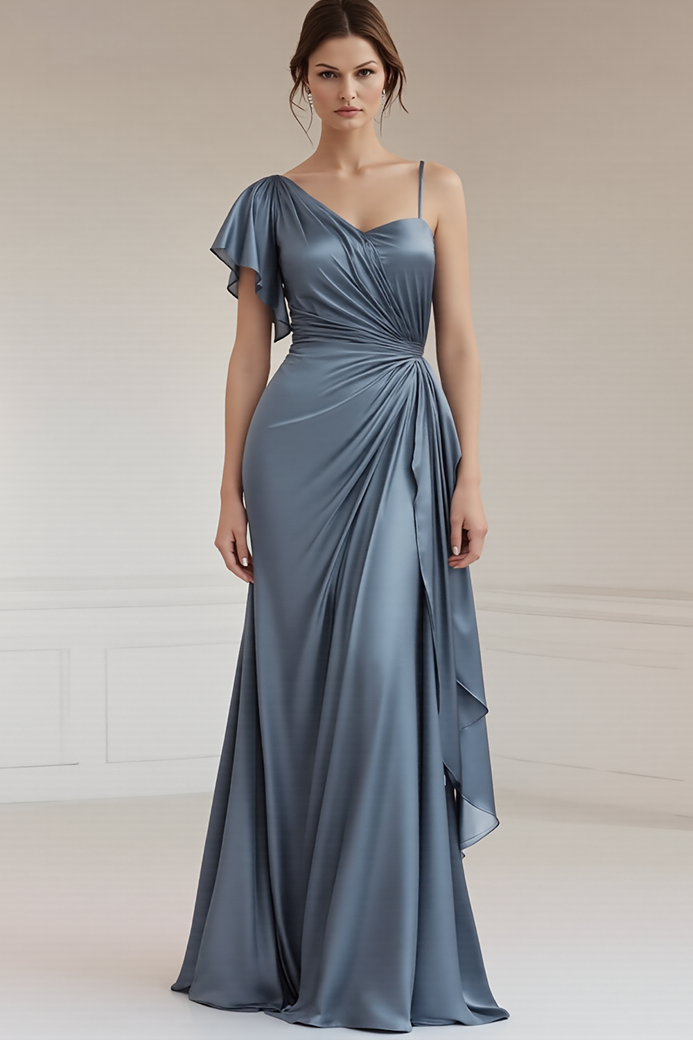 Ein Schulter A-Linie Gerafftes Grau-blaues Ballkleid
