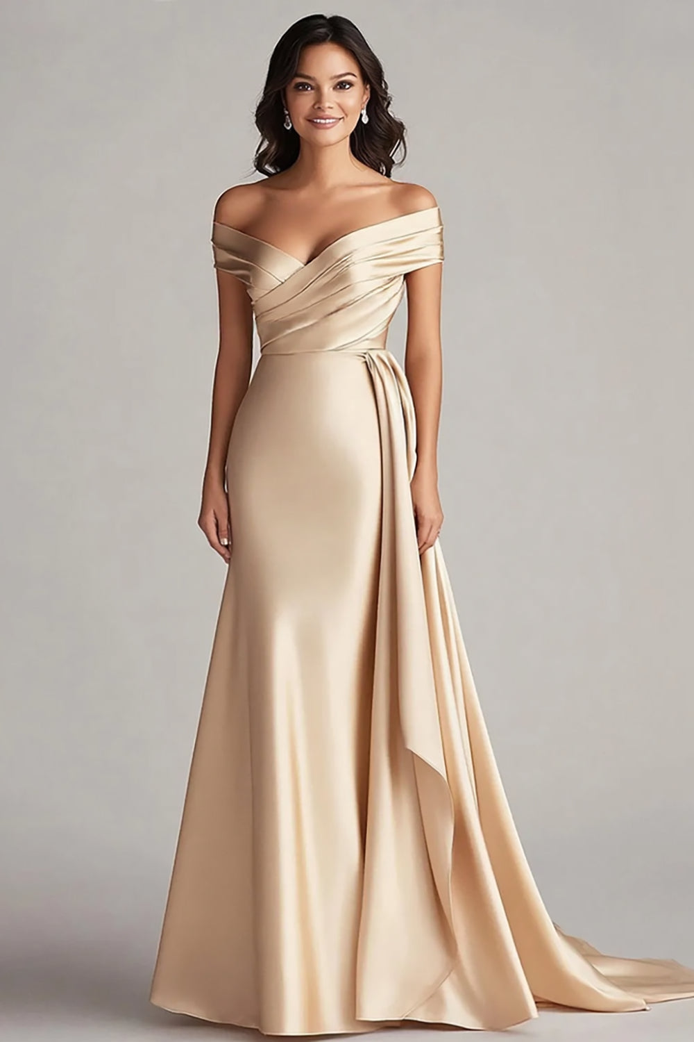 Schulterfreies Champagner Langes Ballkleid