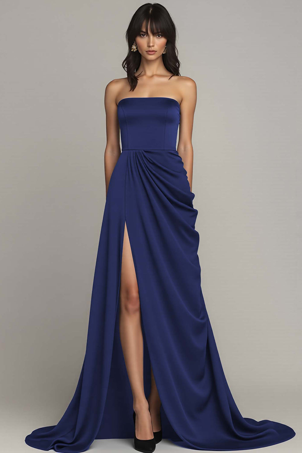 Schwarzes Trägerloses Langes A-Linie Abendkleid mit Rüschen und Schlitz