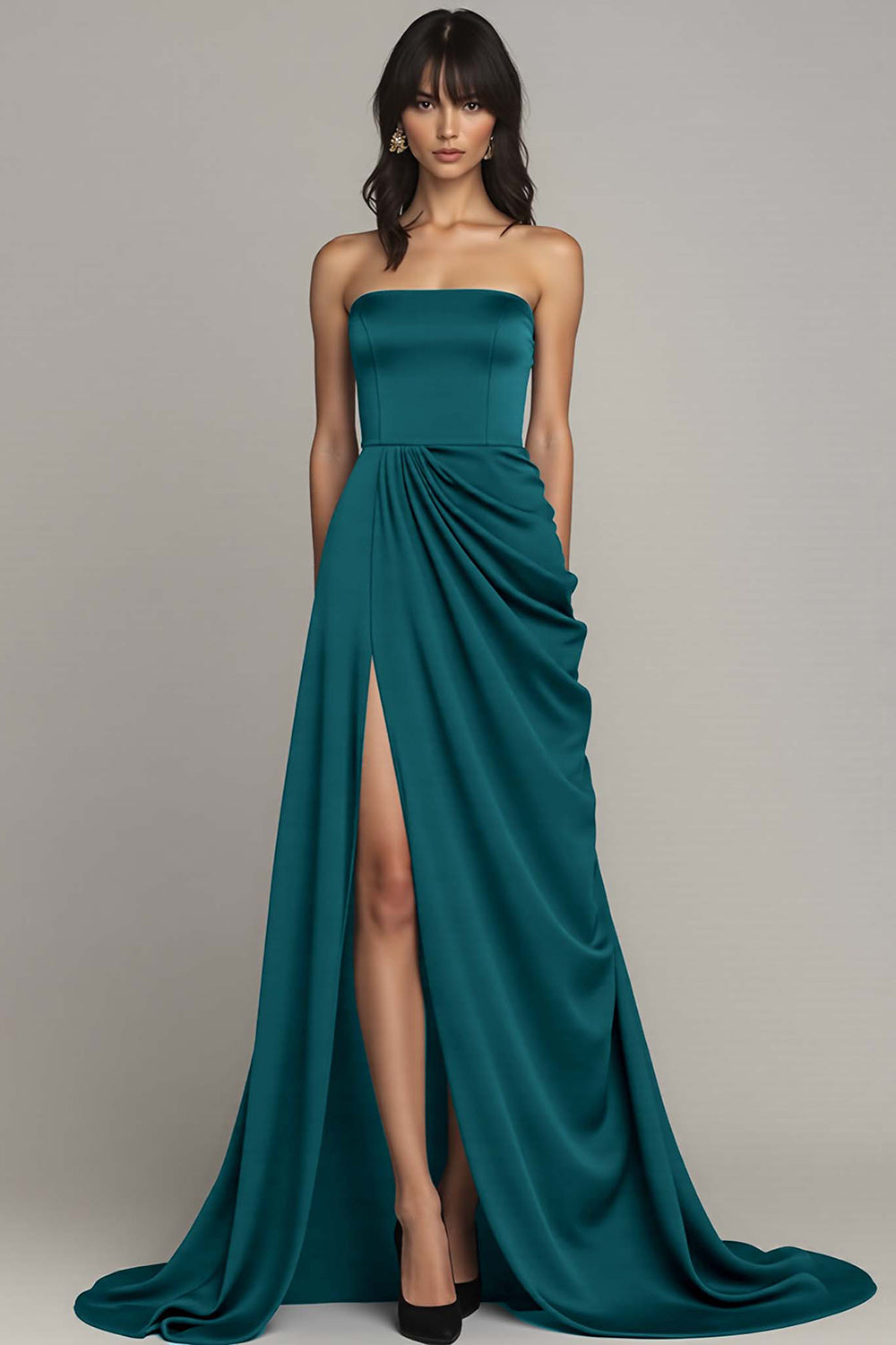 Schwarzes Trägerloses Langes A-Linie Abendkleid mit Rüschen und Schlitz