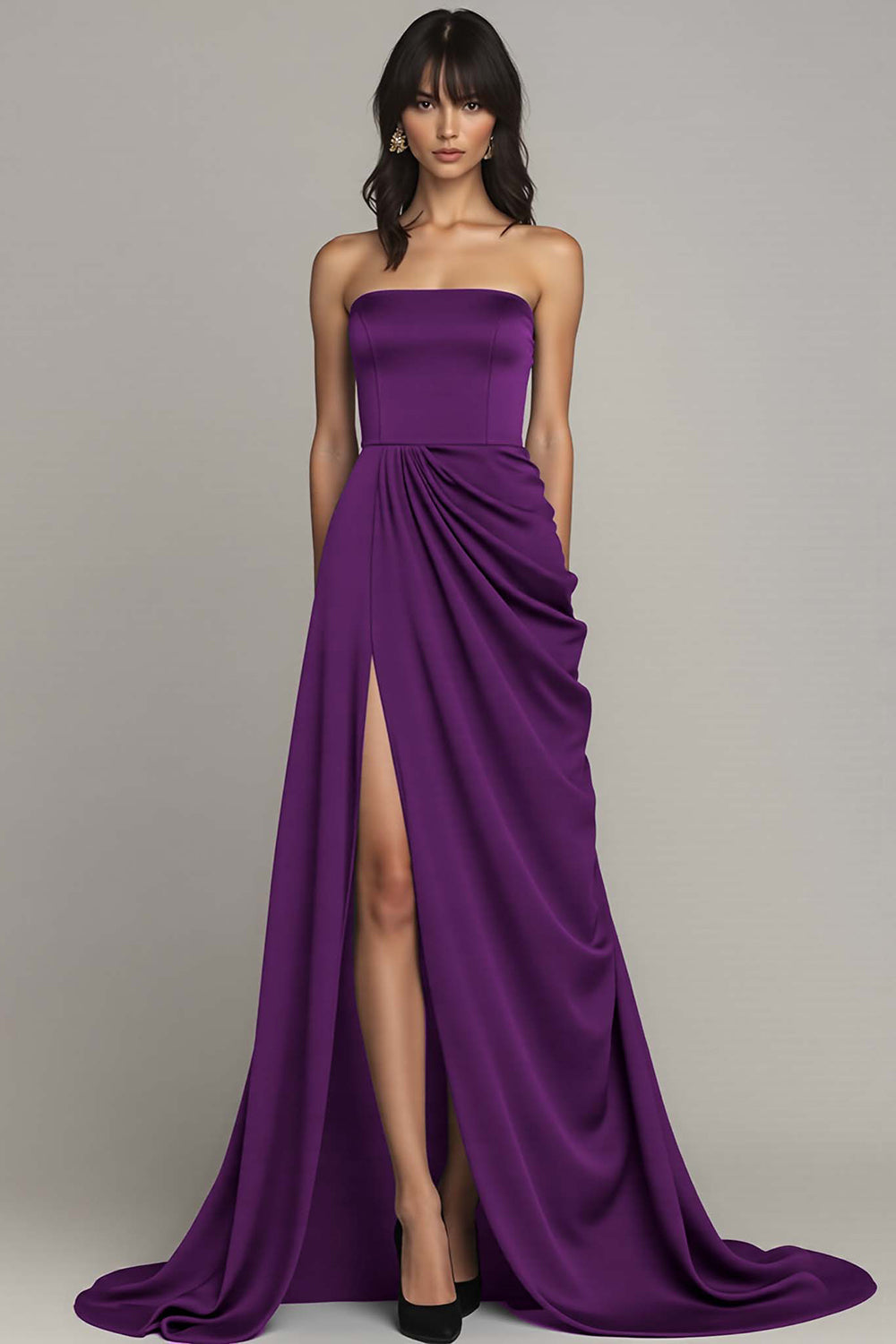 Schwarzes Trägerloses Langes A-Linie Abendkleid mit Rüschen und Schlitz