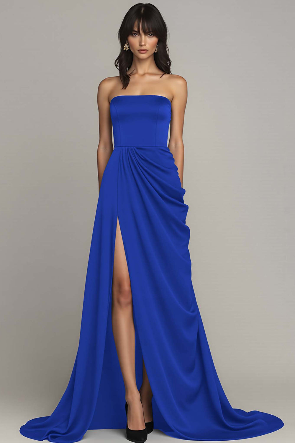 Schwarzes Trägerloses Langes A-Linie Abendkleid mit Rüschen und Schlitz