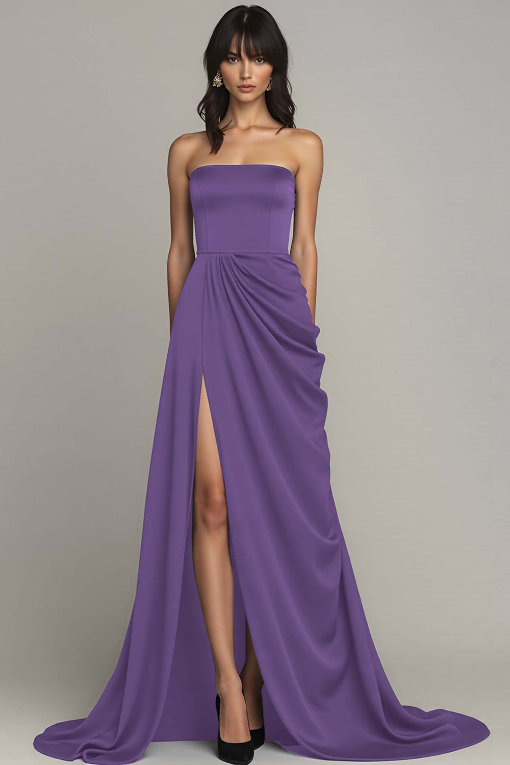Schwarzes Trägerloses Langes A-Linie Abendkleid mit Rüschen und Schlitz
