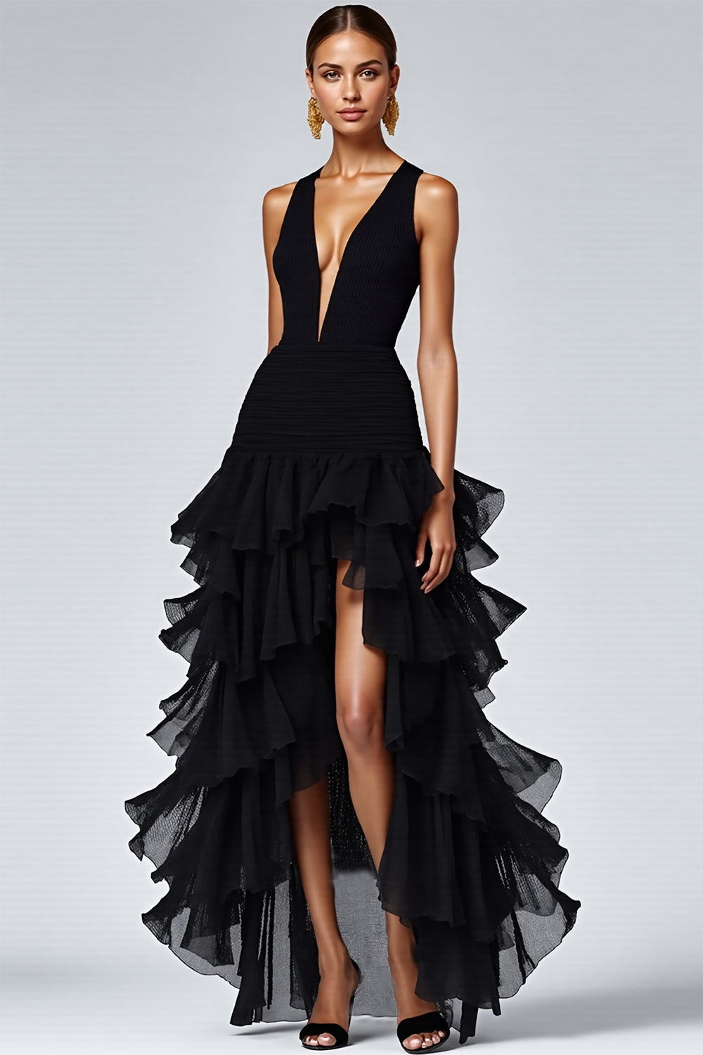 Schwarzes Langes Ballkleid mit V-Ausschnitt und Schlitz