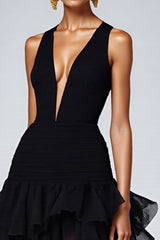 Schwarzes Langes Ballkleid mit V-Ausschnitt und Schlitz
