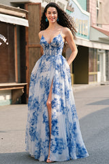 Weißes Blaues Blumen Korsett A-Linie Ballkleid mit Schlitz