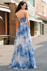 Weißes Blaues Blumen Korsett A-Linie Ballkleid mit Schlitz