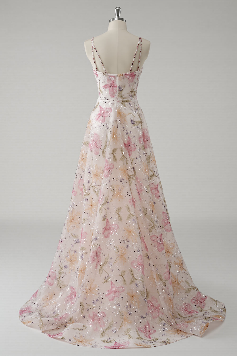 Rosa A-Linie Spaghettiträger Geblümtes Ballkleid mit Pailletten