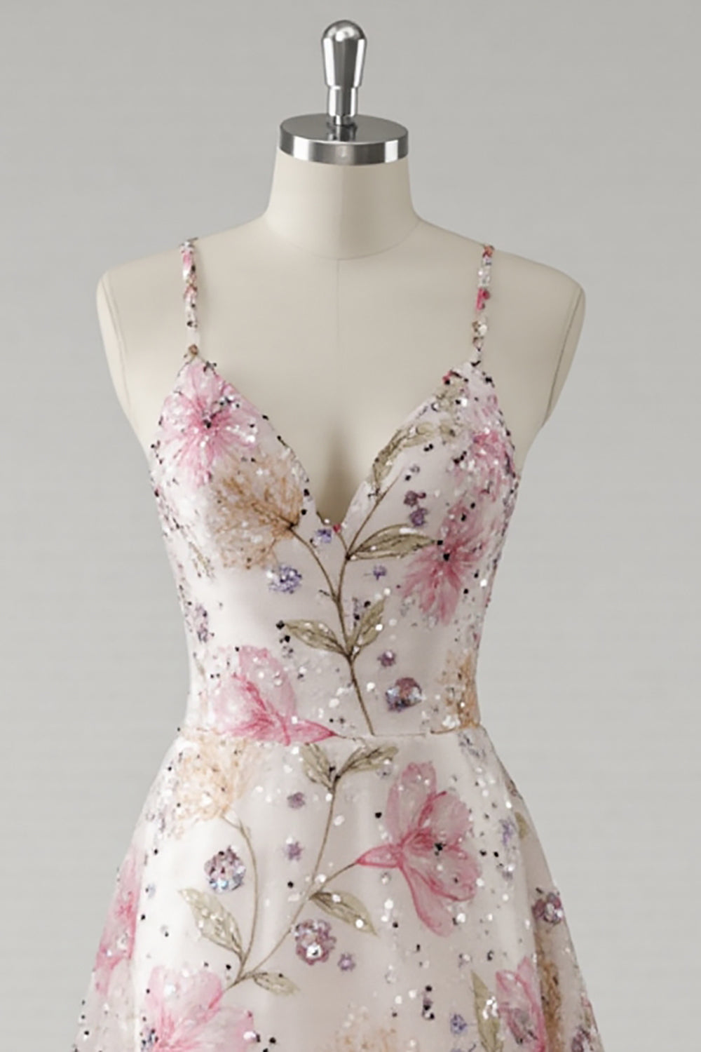 Rosa A-Linie Spaghettiträger Geblümtes Ballkleid mit Pailletten
