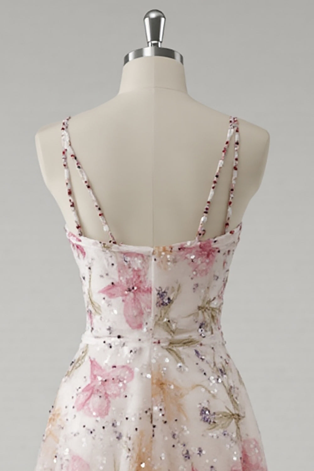 Rosa A-Linie Spaghettiträger Geblümtes Ballkleid mit Pailletten