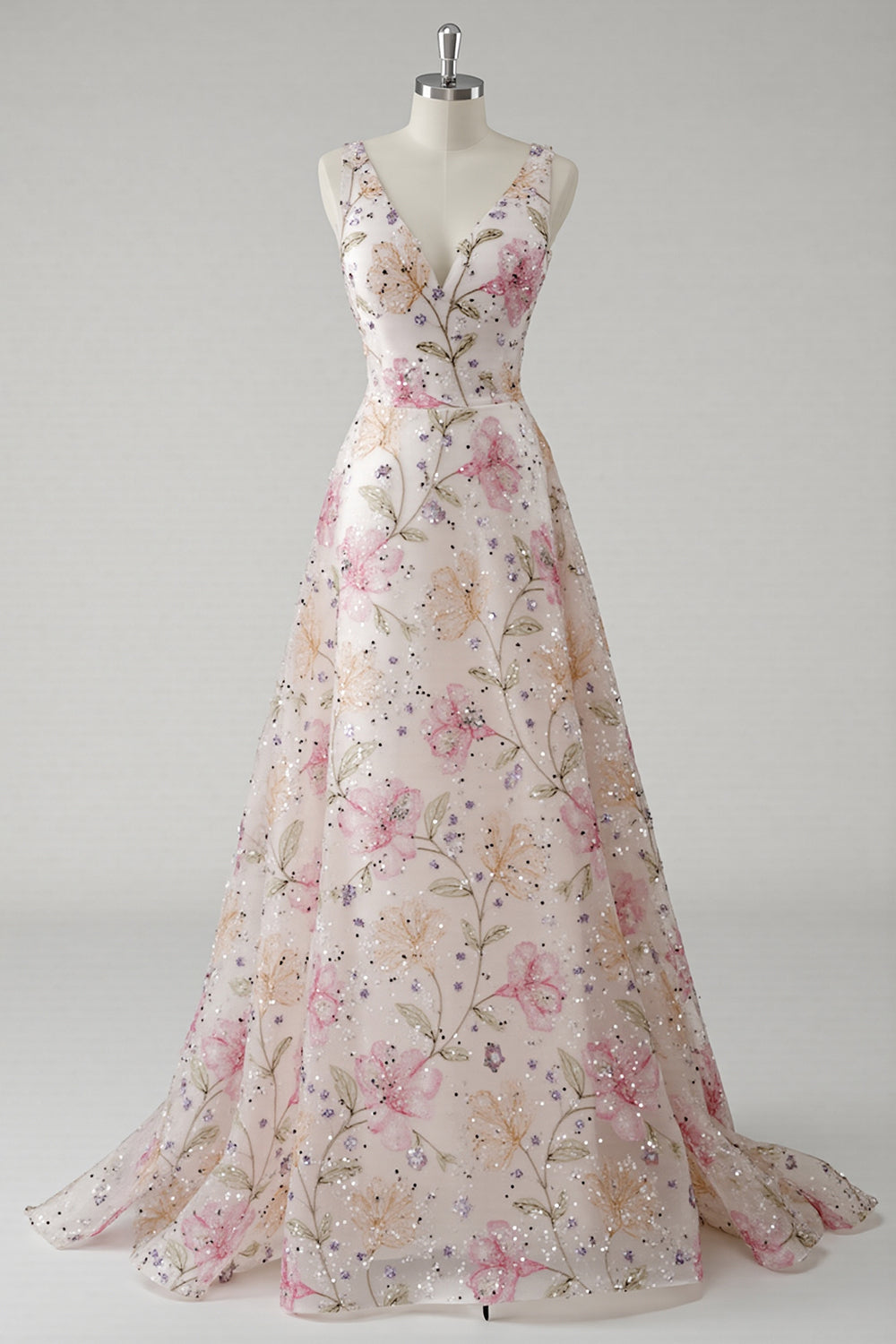 Glitzerndes Rosa Ballkleid mit Blumenmuster und V-Ausschnitt